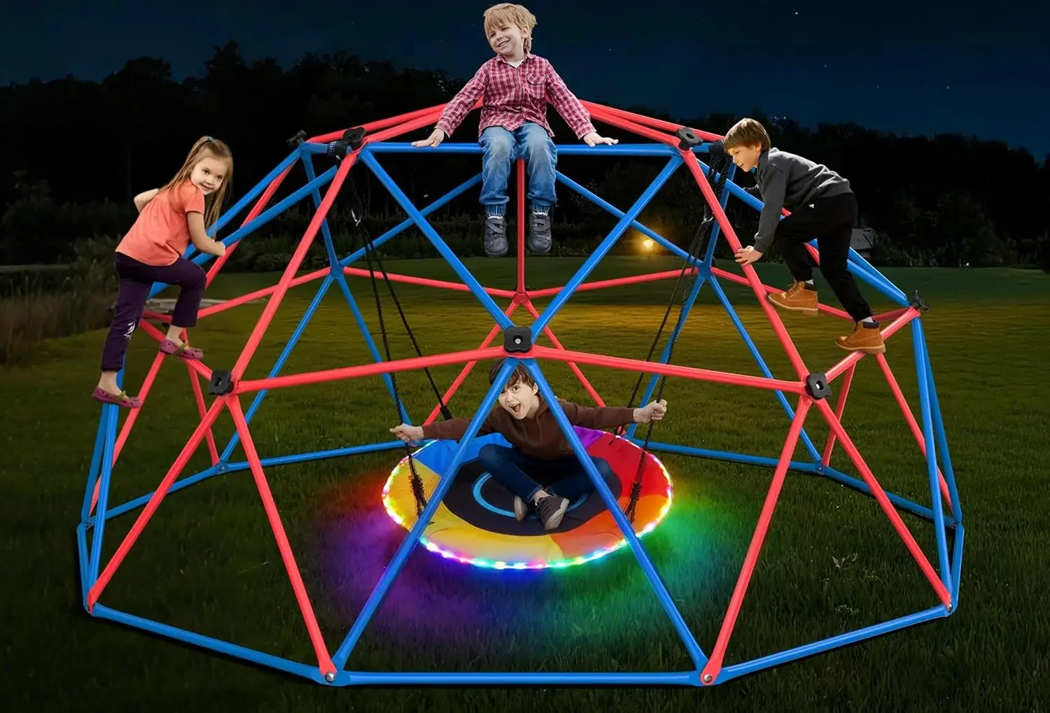 Kids Outdoor Jungle Gym Dome - Hapfan Tırmanma Kubbesi Salıncak Seti, LED'li