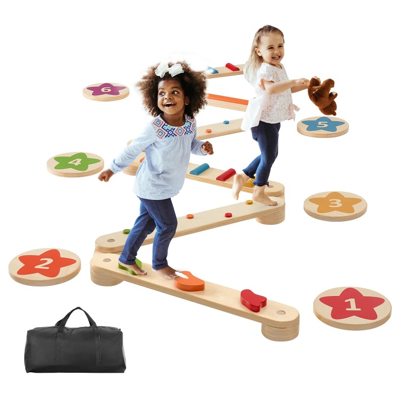 Kids Outdoor Balance Beam - 6 Adet Denge Taşı Ahşap Denge